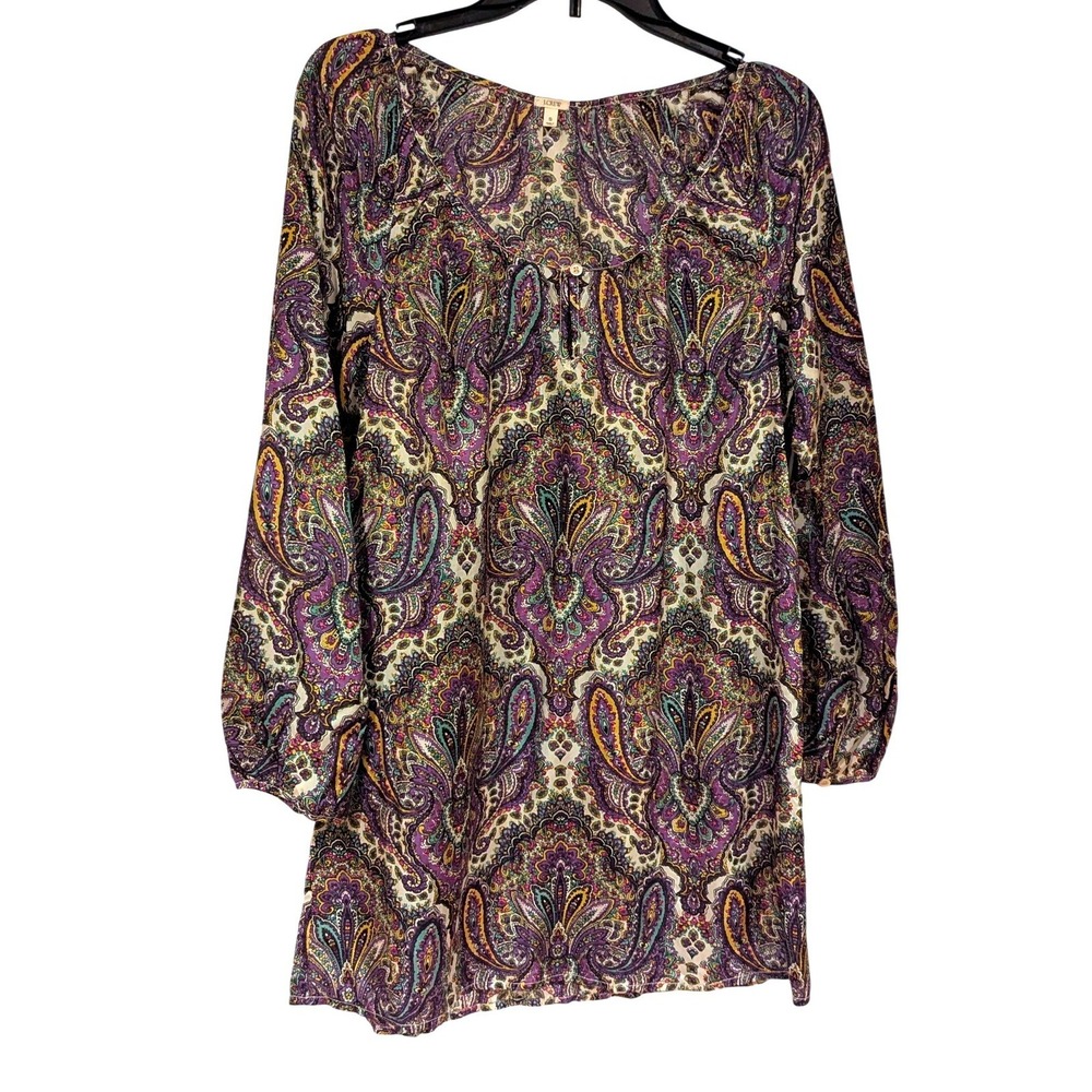 J.Crew Womens 100% Silk Paisley Tunic Top Purple Teal Long Sleeve Size S 59212